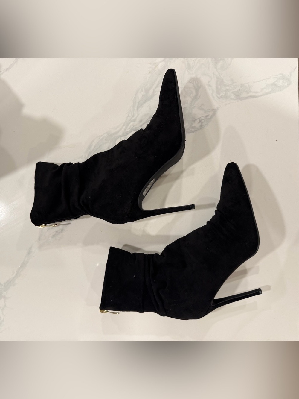 Fashion Nova Black Suede Pointed Stiletto Heeled Boots with Gold Zipper
